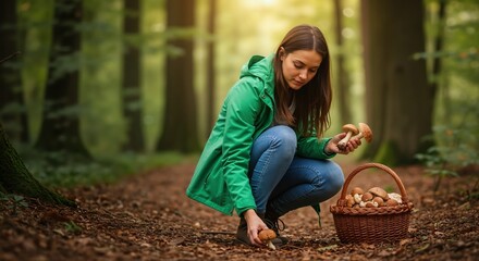 Woman foraging for wild mushrooms in an autumn forest. Young person picking fresh porcini into a wicker basket. Healthy lifestyle and hobby concept