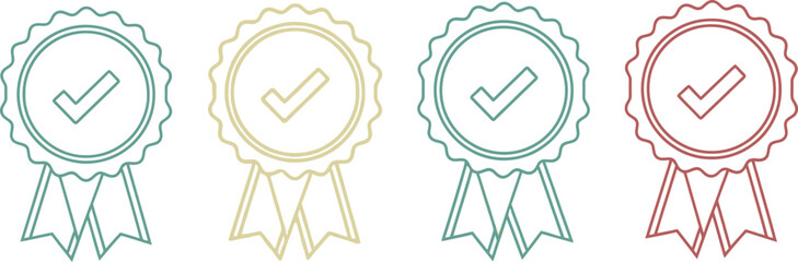 Outline Approval Medals with Ribbons Teal, Beige, Red Color Set on White Backdrop