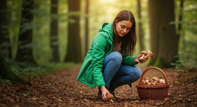 Woman foraging for wild mushrooms in an autumn forest. Young person picking fresh porcini into a wicker basket. Healthy lifestyle and hobby concept
