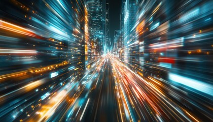 Next Generation Technology Showcase: Warp Speed In Hyper Loop With Blurred City Lights At Night, Featuring Fin Tech, Big Data, 5g Network, And Machine Learning.