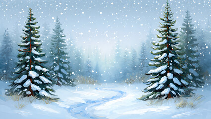 Fototapeta premium Enchanting snowy forest scene with tall pine trees and falling snowflakes gentle winter landscape backdrop