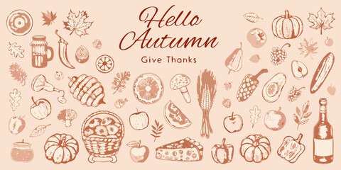 Hello autumn give thanks fall harvest collection with pumpkins apples fruits vegetables and grains