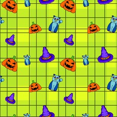 Halloween seamless pattern consisting of pumpkins, cats, witch hats and wrought iron behind them, bright colors give a vintage feel to the design