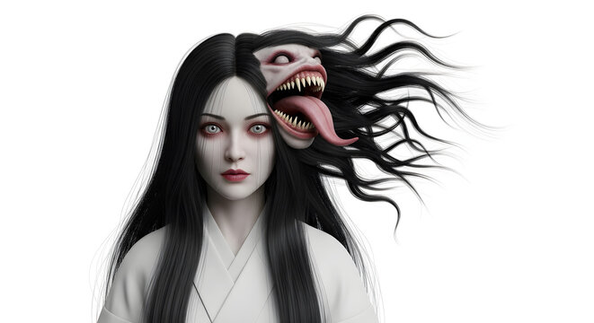 Ethereal Japanese beauty with a grotesque secret, a monstrous demon face with a long tongue revealed in her flowing black hair
