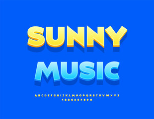 Vector Artistic flyer Sunny Music. Summer Yellow 3D Font. Creative Alphabet Letters and Numbers set	