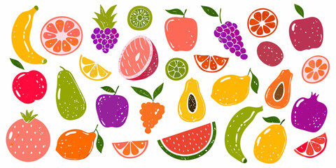 Vibrant hand drawn assortment of fresh fruits and citrus slices on white background