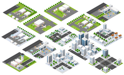 Set of isometric city and airport modules representing urban infrastructure