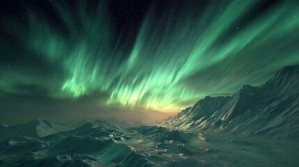 Naklejka premium Vibrant shades of green dance across the night sky as the northern lights reflect on a rugged, icy landscape. This breathtaking phenomenon showcases natures beauty in a serene setting.