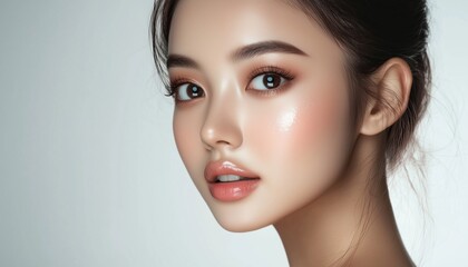 Fototapeta premium Beautiful Asian Woman With Flawless Skin And Captivating Eyes In Natural Makeup Posing On A White Background. Emphasizing Facial Treatment, Cosmetology, And Beauty.