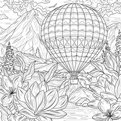 A large hot air balloon in the mountains and magnolias.Coloring book antistress for children and adults. 