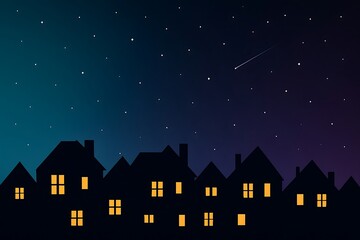 A peaceful night blankets a charming town, revealing a sky full of twinkling stars and a single shooting star, while warm light spills from cozy homes