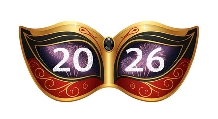 Golden Masquerade Mask with 2026 Numbers and Fireworks for Celebration
