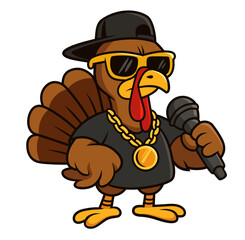 Turkey rapper cartoon character. Vector illustration for Thanksgiving. Cool Turkey bird in glasses and cap.