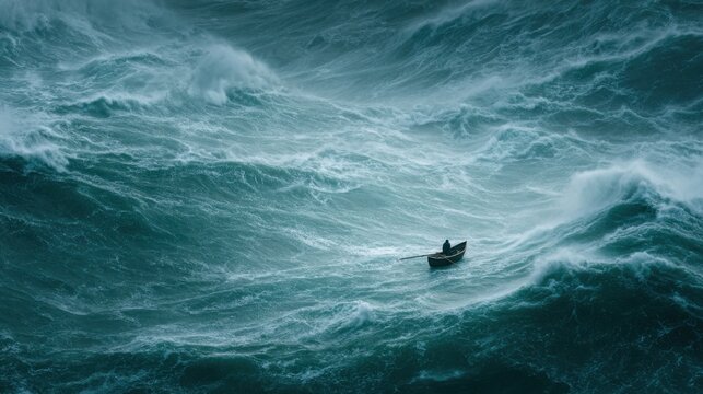 A small boat navigates through tumultuous waves in a stormy ocean. The turbulent waters crash around the vessel as dark clouds loom overhead, creating a dramatic scene of survival.