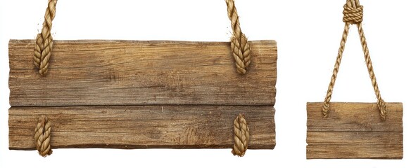 Two weathered wooden planks hang from knotted ropes against a white backdrop, offering rustic signage space or decorative rustic elements