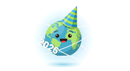 Smiling Planet Earth Character with Party Hat and 2026