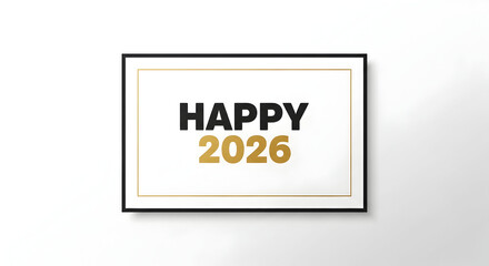 Framed Happy 2026 Greeting with Black and Gold Text on White Wall