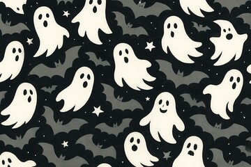 Charming Halloween seamless pattern with playful cartoon ghosts, spooky bats, and stars. A whimsical repeating background for festive design
