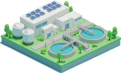 Modern water treatment plant with solar panels, clean energy, eco-friendly facility, wastewater recycling system, 3D illustration, sustainable technology