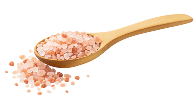 wooden spoon holding pink salt crystals on transparent background