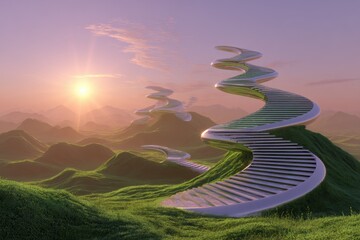 Twisted Stairways: Surreal Landscape of Looping Mobius Bands in Sunrise Haze
