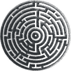 An intricate circular maze design featuring complex pathways and patterns for visual exploration.