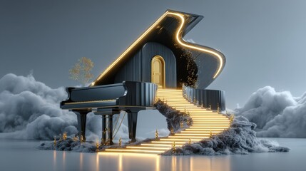 Surreal 3D Render of Grand Piano with Stairs and Tiny Door in Matte Black and Gold Palette
