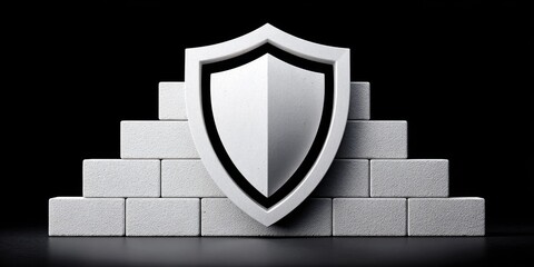 Shield Icon of White Blocks on Black Surface for Block-Level Security, Cybersecurity, Data Protection Concept. Copy Space Included.