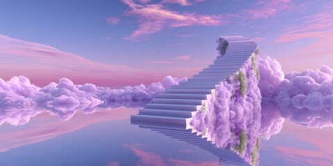 Dreamy Cloud Staircase Descending into Mirror Lake at Dawn