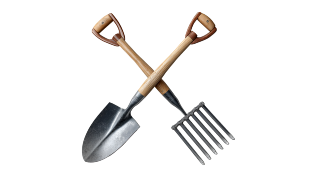 Gardening tools shovel and cultivator crossed wooden handles black background