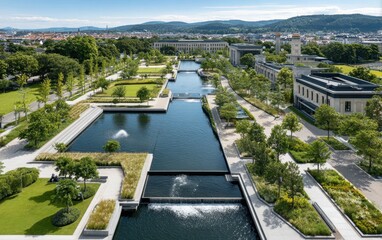 Sustainable Urban Park: Innovative Rainwater Harvesting Design with Clear Ponds and Lush Greenery for Environmental Conservation and Recreation