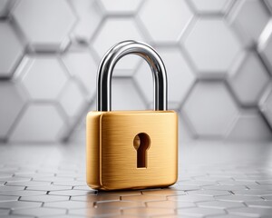 Secure Data System Lock Concept in Hexagon Padlock Shape on Tech Background with Copy Space