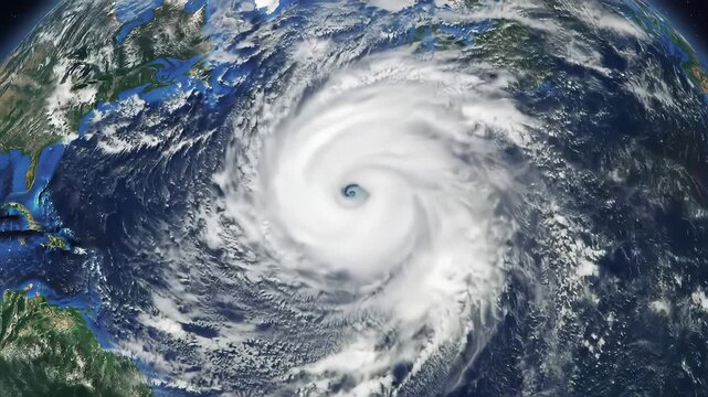 Destructive cyclone over coastal area; approaching land, from space. Use climate change