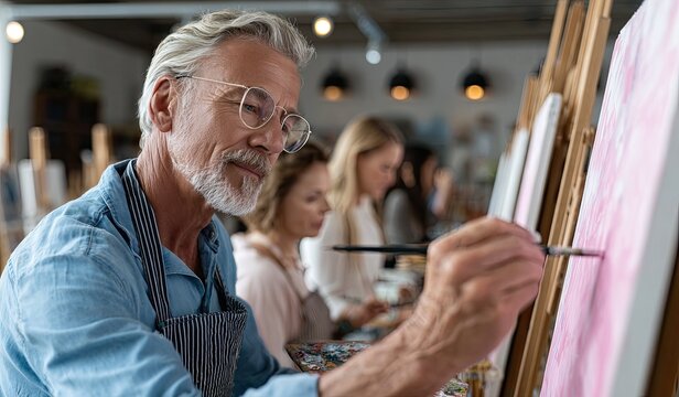 a painting and drawing class. a group of elderly people are learning to paint in an art studio with easels. one man wearing glasses is holding a palette and brush while sitting on a chair