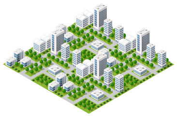 Modern isometric city with green trees and white skyscrapers