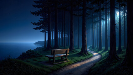 Serene Night Forest Path: Moonlit Coastal Woods, Empty Bench, Tranquil Atmosphere, Digital Painting.