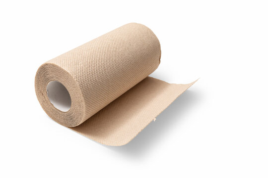 Natural roll brown paper towel on white background