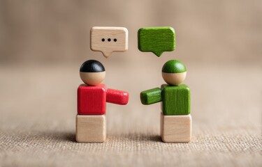 Two wooden figures in red and green converse, with speech bubbles above, set against a textured neutral backdrop, depicting communication