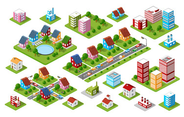 Colorful isometric city buildings and houses set with cars moving on road