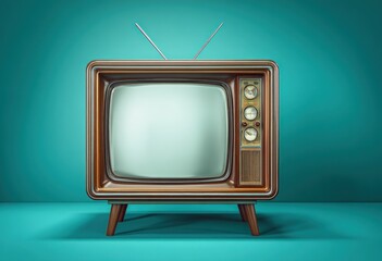 A vintage TV set with rabbit ears stands against a teal background, exhibiting retro charm in a brightly lit, still-life composition