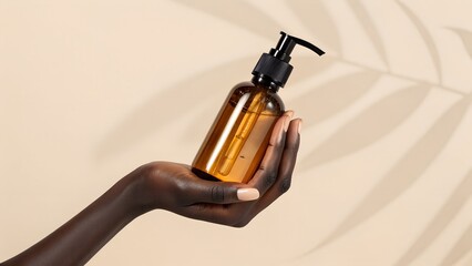 Dark Skinned Hand Holding Amber Bottle with Dispenser Against Beige Wall