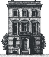 Vintage illustration of a classic architectural building with intricate details and a historic design.