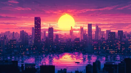 A stunning photo-realistic image of an 8-bit pixel art city skyline at sunset, featuring glowing windows in a retro video game style.