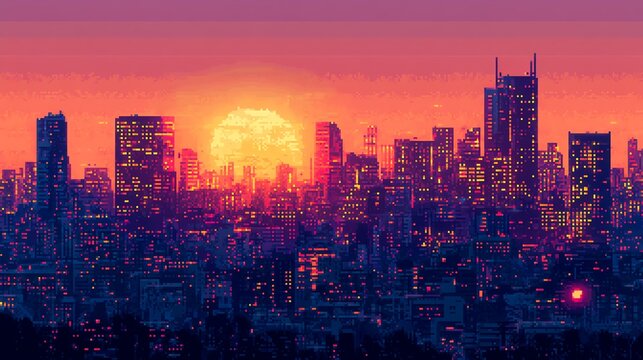 A vibrant 8-bit pixel art city skyline at sunset, featuring glowing windows in retro video game style, viewed with ultra-detailed realism.