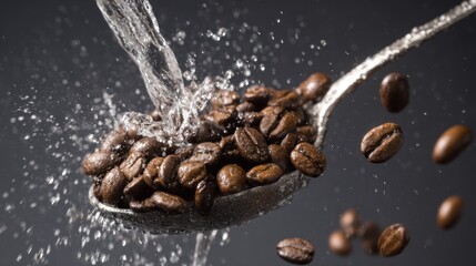Coffee beans fill a spoon as water splashes over them, some beans floating in the air against a gray background, capturing the freshness and preparation