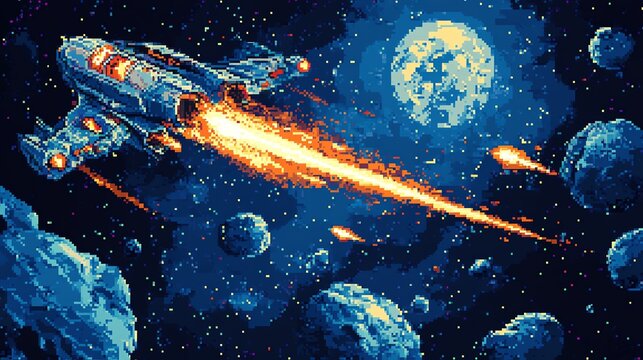 An 8-bit pixel art spaceship shoots asteroids in outer space, with a vibrant starry background, capturing a retro arcade shooter vibe.