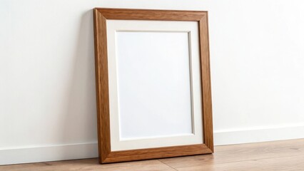 Wooden picture frame leaning against a white wall on a wooden floor