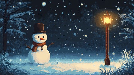 Cheerful 8-bit pixel art snowman in a winter wonderland, surrounded by falling snowflakes, exuding a retro charm.