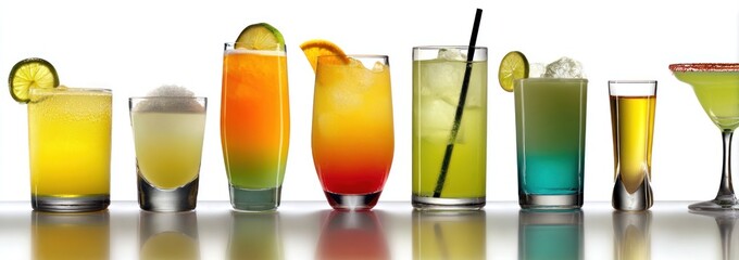 Array of colorful mixed drinks in glasses, garnished with fruit, on a reflective surface against a white background