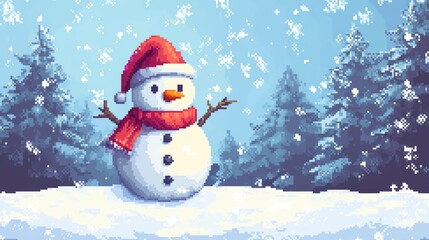 A cheerful 8-bit pixel art snowman stands in a winter wonderland with falling snow, embodying a retro and festive spirit.